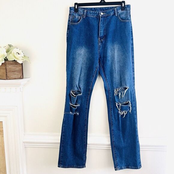 🎉Clearance🎉SheIn Dark Blue Faded Leg Ripped Town Straight Long Leg Jeans XL - Picture 1 of 7